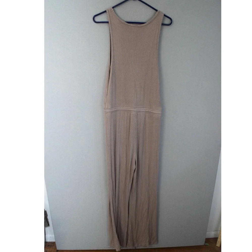 Beyond Yoga Jetsetter Jumpsuit S Taupe Ribbed V-Neck Drawstring Wide Leg Women